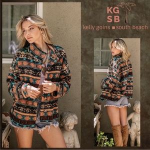 📌 KGSB Ultra Lux, Soft Oversized Aztec Print Striped Jacket Button Front Pockets